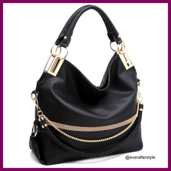 Large Vegan Leather Hobo Tote with Rhinestone Accents Adjustable Shoulder Strap